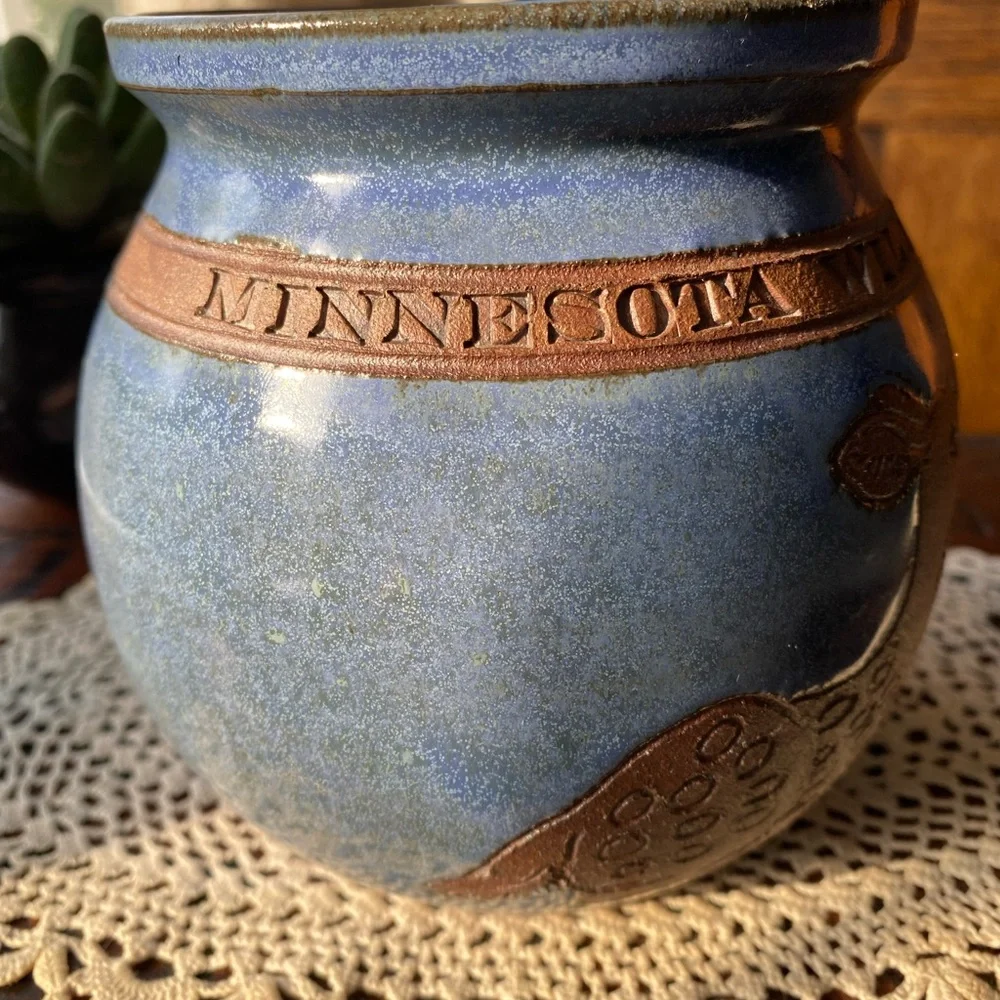 Vintage 1987 Studio Pottery Minnesota Wild Rice Blue Canister Crock Handmade EUC